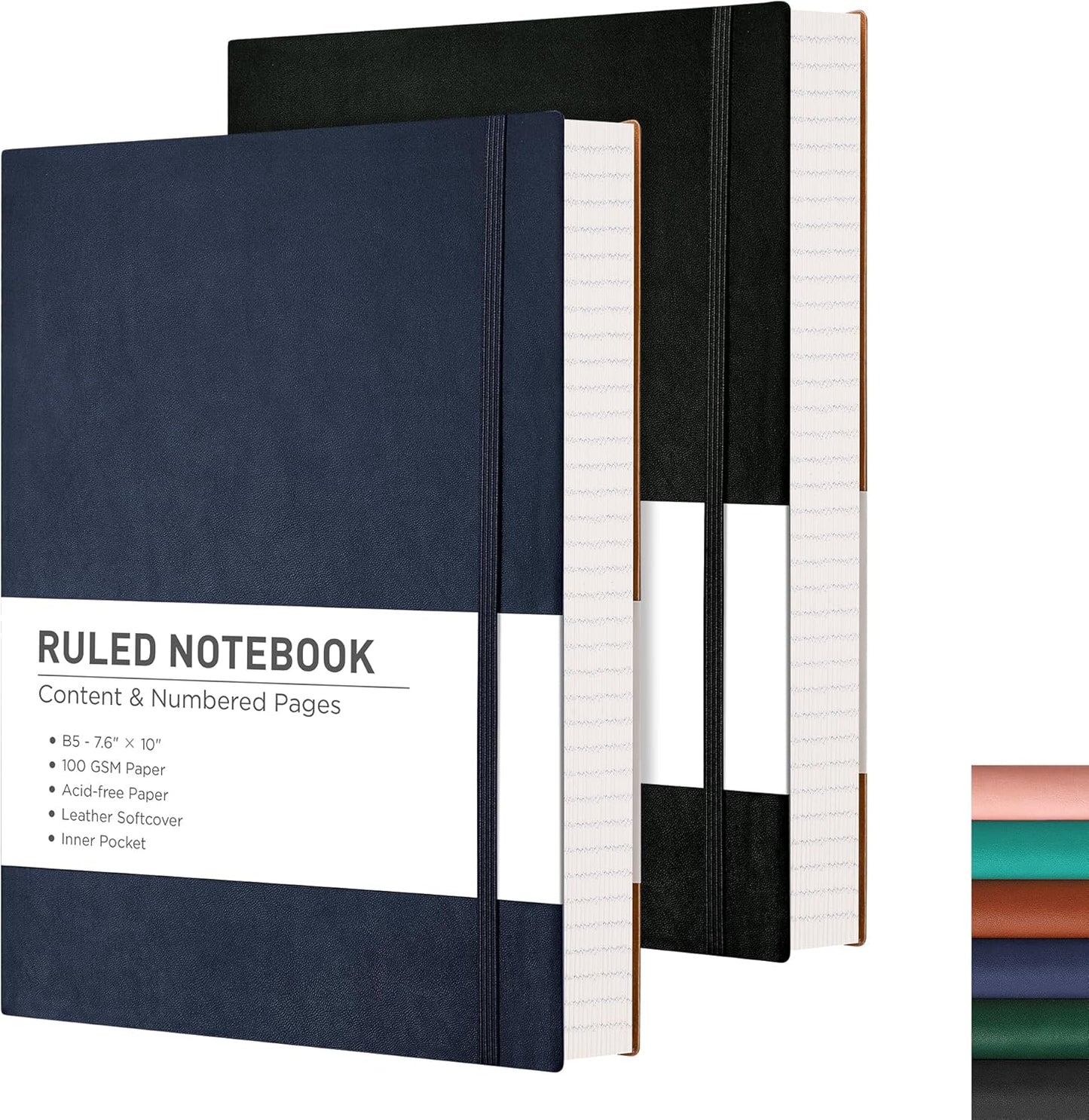 RETTACY Lined Journal Notebook, 2-Pack, 204 Numbered Pages per Pack, B5 Medium 7.6" × 10", Leather Softcover, 100 GSM Thick Paper, for Writing, Work, School (Black & Dark Green)