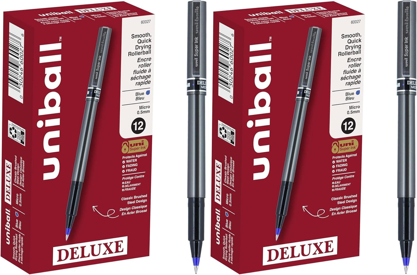 uni-ball® Deluxe Rollerball Pens, Micro Point, 0.5 mm, Graphite Barrel, Black Ink, Pack Of 3