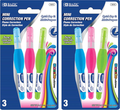 BAZIC PRODUCTS Mini Correction Pen - Corrections Fluid, Precise Metal Tip White Out, Ideal for School & Office Supplies, Alternative to Correction Solution, 3/Pack, 2-Packs