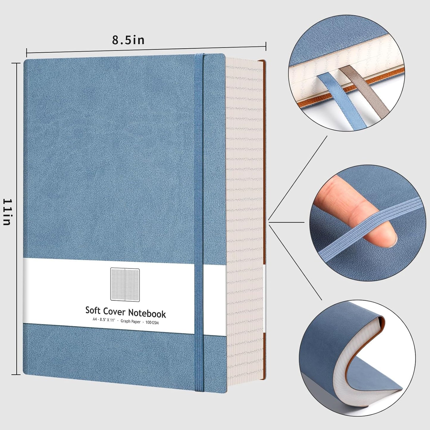 AHGXG Graph Paper Notebook - Grid Paper Notebook Large A4 8.5''×11'', 320 Pages Thick Journal, 100gsm Thick Graph Paper, Leather Softcover, Inner Pocket - Black