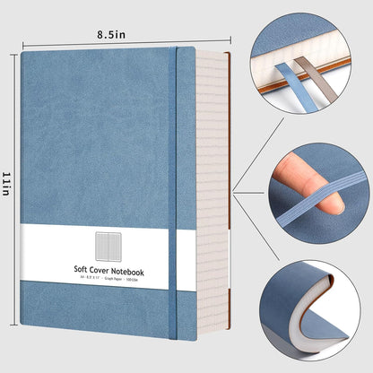 AHGXG Graph Paper Notebook - Grid Paper Notebook Large A4 8.5''×11'', 320 Pages Thick Journal, 100gsm Thick Graph Paper, Leather Softcover, Inner Pocket - Black