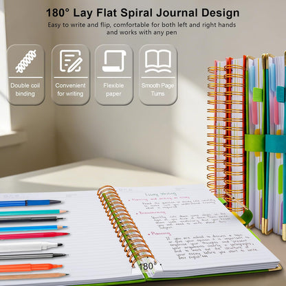 Hardcover Spiral Notebook College Ruled, 8"x10" Leather Journal Notebook with Magnetic Closure, 300 Pages 5 Subject Notebook with Dividers Tabs Journal for Women Men, Work, School(Rose Red)