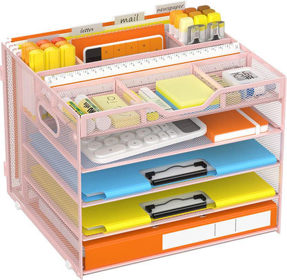 Docnest 5 Tier Letter Tray with Hanging File Organizer-Mesh Desk Organizer-Desktop Storage Box Built in Pen Holder and Handles, File Folder Holder for Mail Documents Office Supplies-Black