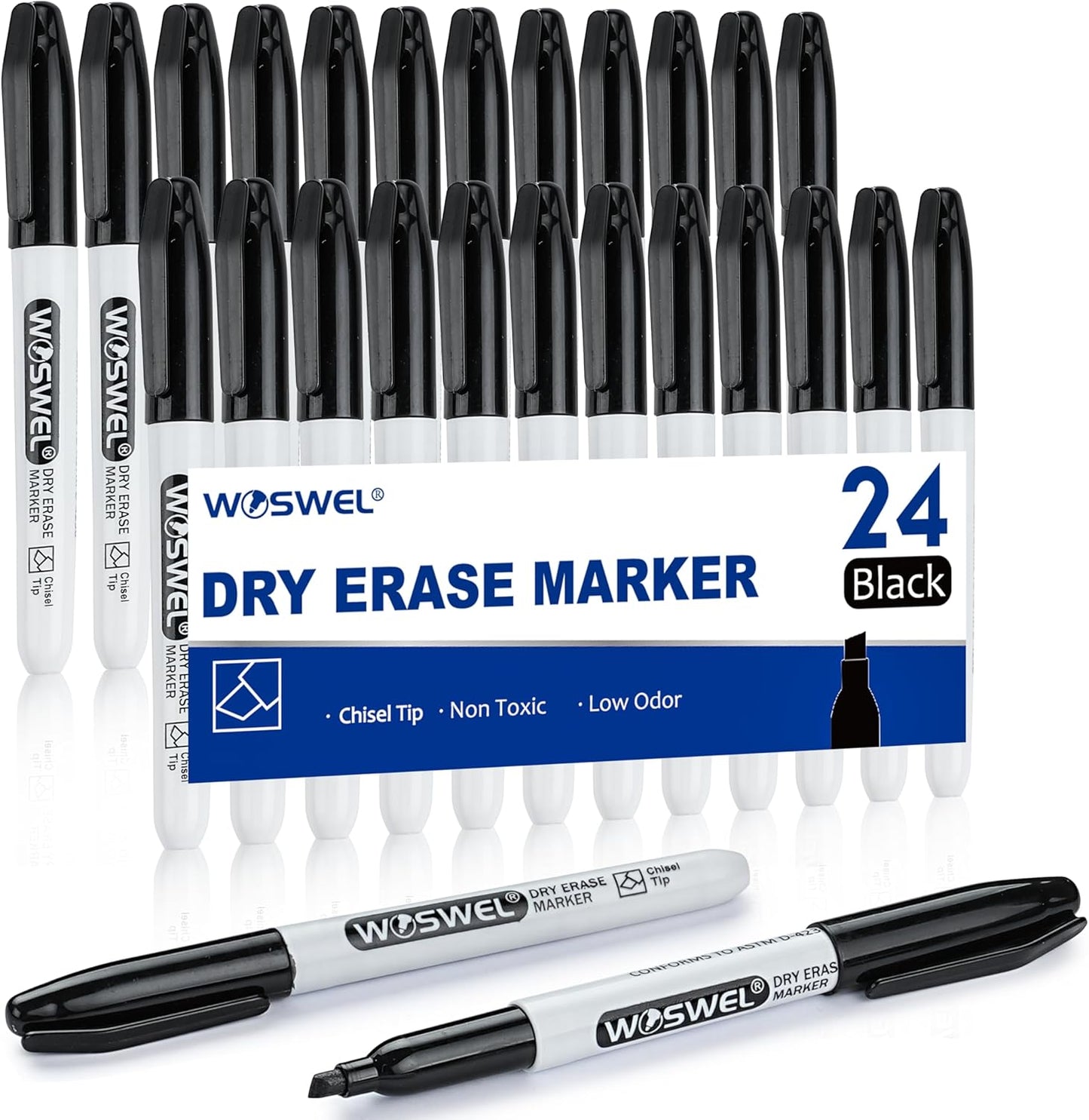 WOSWEL Dry Erase Markers,24 Pack Black Chisel Tip Whiteboard Markers, Chisel Point Low Odor Dry Erase Marker for School Office and Home