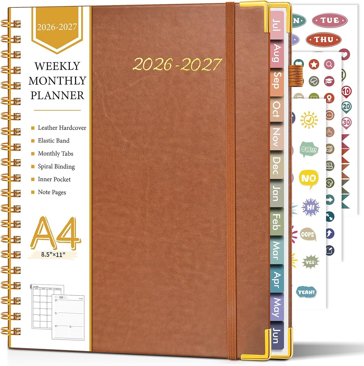 2026 Planner, Weekly and Monthly Calendar Planner from January 2026 - December 2026, 8.5" x 11" Hardcover Leather Hourly Appointment Book with Tabs, Spiral Daily Planners for School Work Home, Green