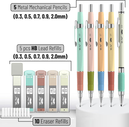 Mr. Pen- Art Mechanical Pencil Set, 5 Vintage Mechanical Pencils (0.3, 0.5, 0.7, 0.9, 2.0mm), 5 HB Lead Refills & 10 Eraser Refills, Precision Drawing Pencils for Sketching, Writing & Artwork