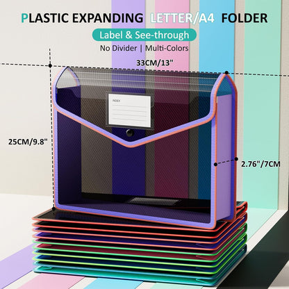 ThinkTex Plastic Expanding File Folder, Transparent Envelopes with Snap Closure, No Dividers, Large Capacity, Assorted Colors, Fits Letter / A4 Size - 5 Pack