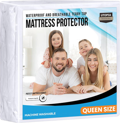 Twin Size Mattress Protector Waterproof, Premium 200 GSM Terry Mattress Cover, Soft & Breathable Bed Cover, Fitted Sheet Style Stretchable Deep Pockets 15" by Utopia Bedding (White)