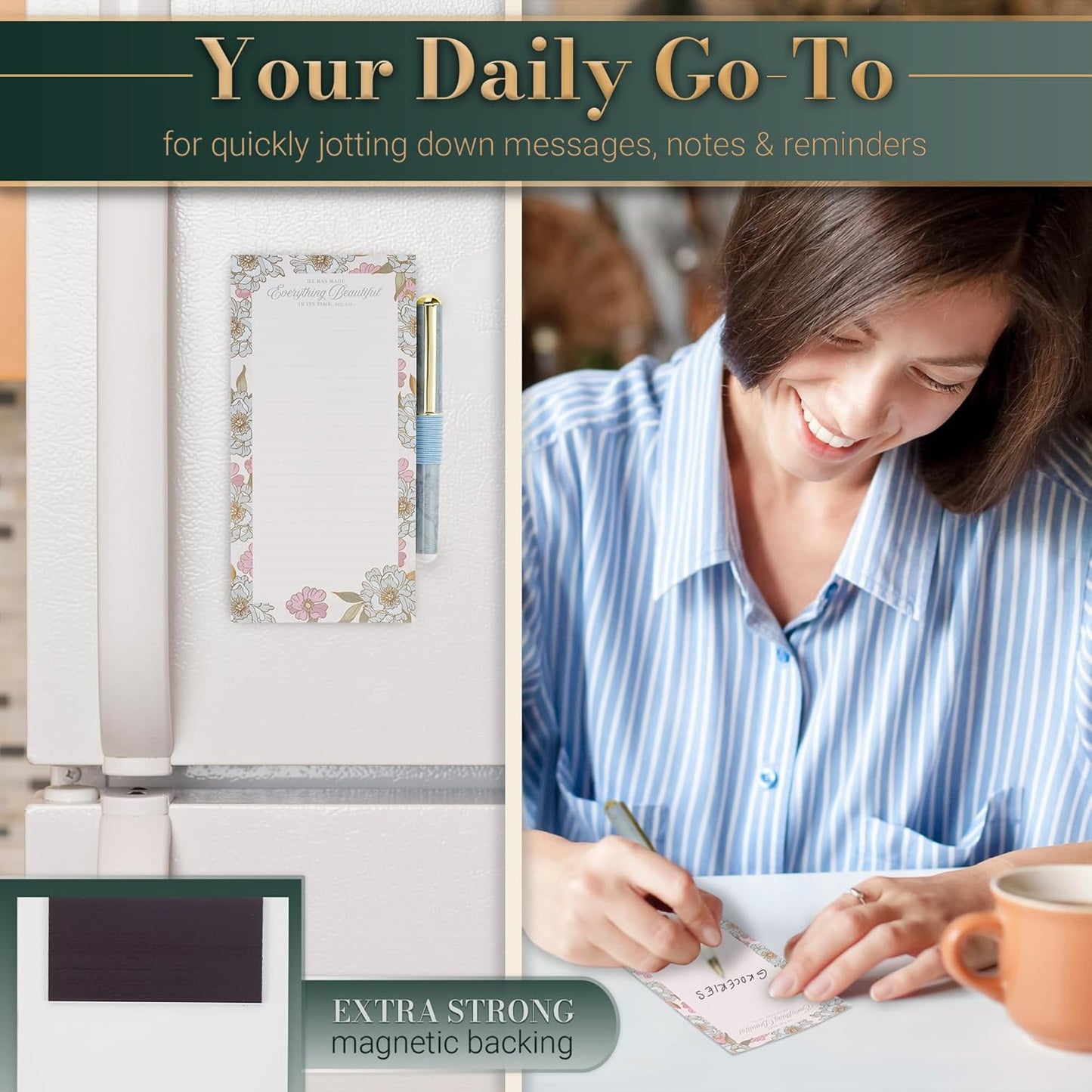 Christian Art Gifts Compact Magnetic Notepad & Medium Ballpoint Pen Set: Trust in the Lord Inspirational Scripture, Shopping Lists, Memos, Reminders, 70 Lined Easy Tear-off Sheets, Purple/Teal Floral