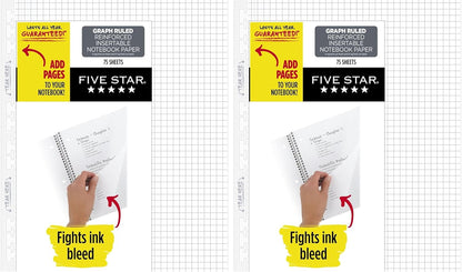 Five Star Loose Leaf Paper, Graph Ruled Insertable Notebook & Binder Filler Paper, 8-1/2" x 11", Reinforced T-Tabs, 75 Sheets (170180)