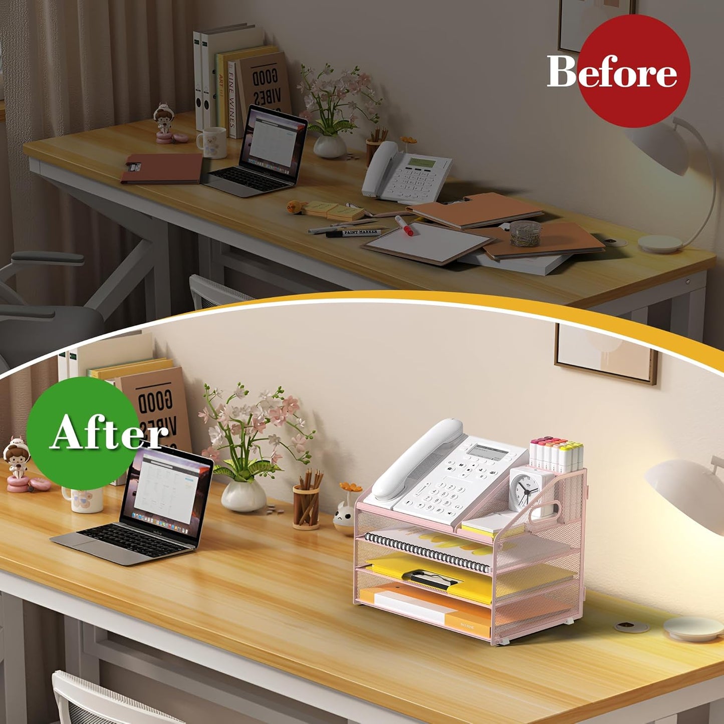 Letter Tray Paper, 4 Tier Desk Organizer with Pen Holder and Handle Mesh File Organizer Paper Sorter Metal Desktop Document Shelf for Office Home Classroom -Black