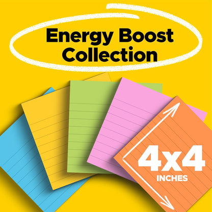 Post-it Super Sticky Lined Notes, 6 Sticky Note Pads, 4 x 4 in., School Supplies, Office Products, Sticky Notes for Vertical Surfaces, Monitors, Walls and Windows, Energy Boost Collection