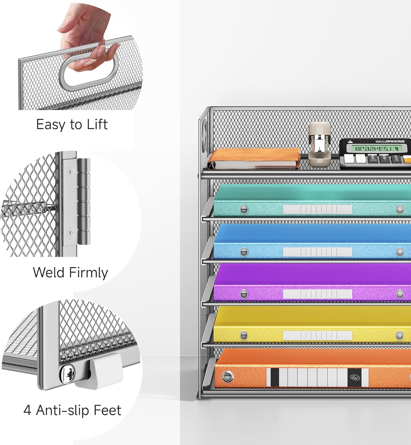 Lavatino 5 Tray Desk File Organizer, Black Mesh Paper Sorter Letter Tray Organizer with Handle, Desktop File Organizer and Storage for Letter/A4 Office File Folder