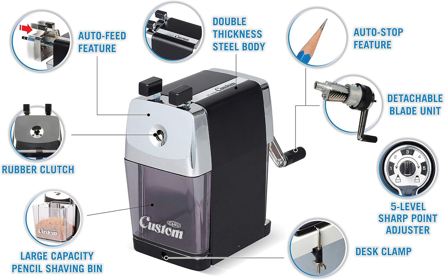 CARL Pencil Sharpener, CC-2000, Black, 5-Point Selector. Manual, Quiet for Office and Home Desks, School Classroom, CUI19018