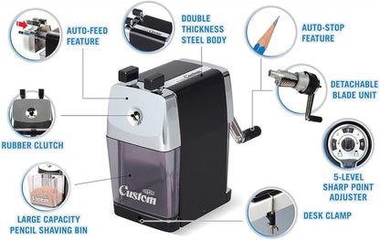 CARL Pencil Sharpener, CC-2000, Black, 5-Point Selector. Manual, Quiet for Office and Home Desks, School Classroom, CUI19018