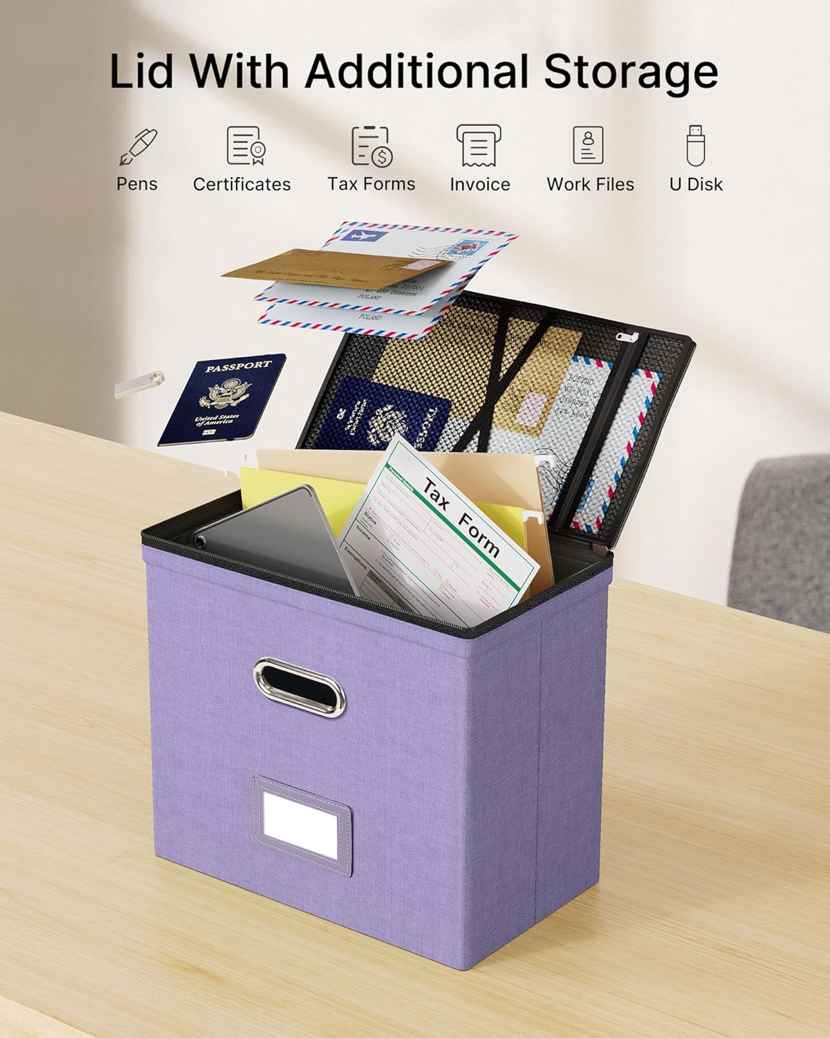 Oterri 2 Pack File Organizer Boxes with Lids, File Box with Mesh Pockets, Document Organizer Box for File Folders Letter Size, Zippers Filing Box for Home, Office, School (Green, Without Folders)