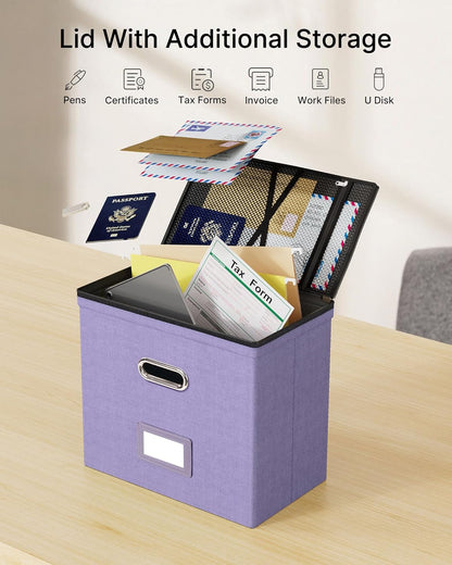 Oterri 2 Pack File Organizer Boxes with Lids, File Box with Mesh Pockets, Document Organizer Box for File Folders Letter Size, Zippers Filing Box for Home, Office, School (Green, Without Folders)