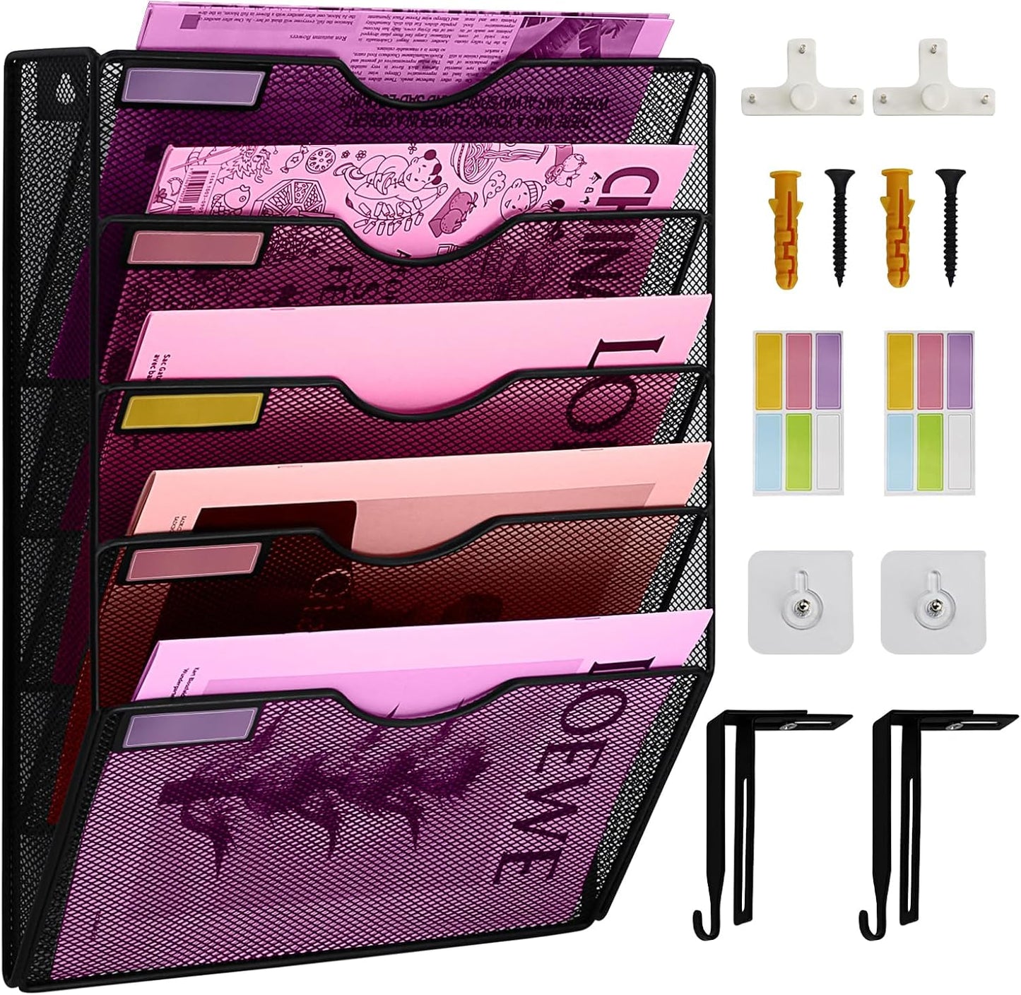 1 Pocket Mesh Wall File Holder Organizer Office Hanging File Folder Magazine Rack, Nametag Label Hooks Set Included (Black)