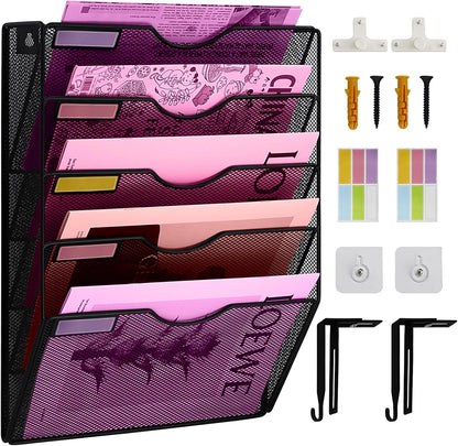 1 Pocket Mesh Wall File Holder Organizer Office Hanging File Folder Magazine Rack, Nametag Label Hooks Set Included (Black)