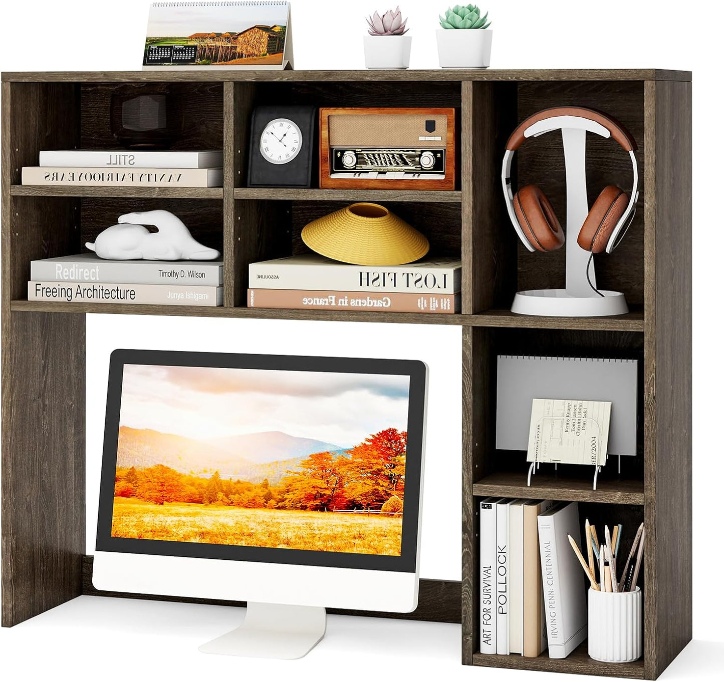 Tangkula Desktop Bookshelf, Countertop Storage Hutch with 5 Shelves for Computer Desk, Desk 3-Tier Display Rack, Multipurpose Wood Desktop Hutch Storage Organizer for Dorm Office Home