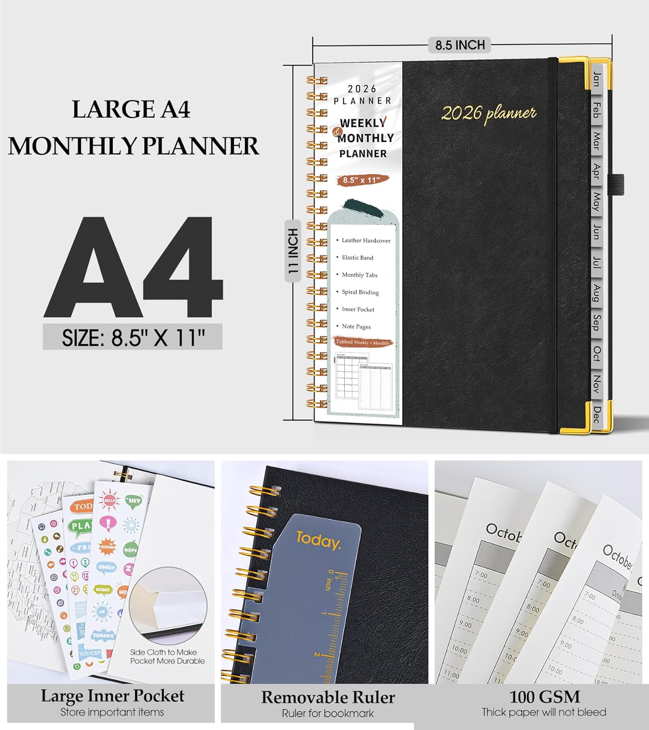 2026 Planner, Weekly and Monthly Calendar Planner from January 2026 - December 2026, 8.5" x 11" Hardcover Leather Hourly Appointment Book with Tabs, Spiral Daily Planners for School Work Home, Green