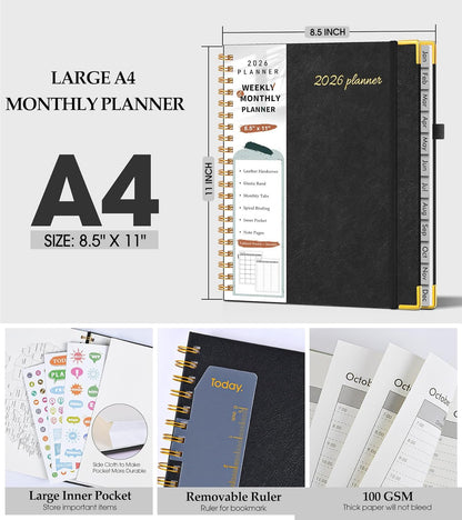 2026 Planner, Weekly and Monthly Calendar Planner from January 2026 - December 2026, 8.5" x 11" Hardcover Leather Hourly Appointment Book with Tabs, Spiral Daily Planners for School Work Home, Green