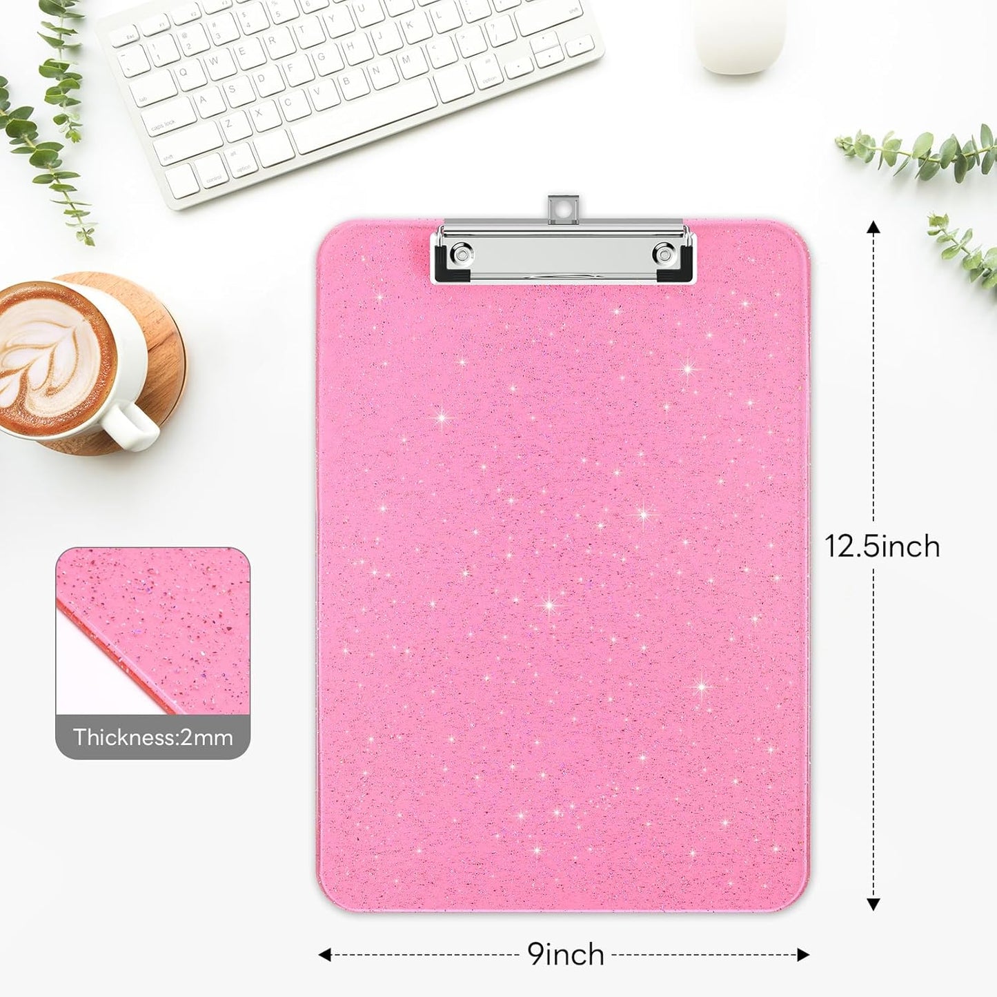 A4 Plastic Glitter Clipboard, Sparkly Pink 12.5 x 9 Letter Size for Classroom, Students, Teacher, Nurse, 8.5 x 11 Clip Board with Low Profile Clip, Office & School Supplies
