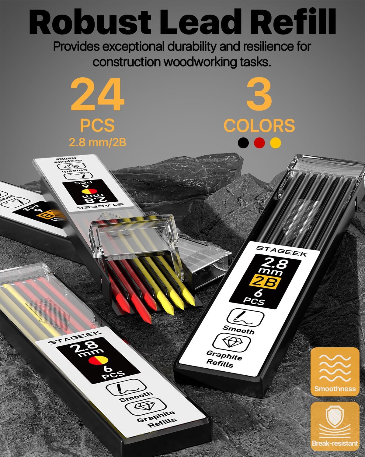 Carpenter Pencils with Sharpener, 2.8mm Mechanical Pencil Set with 26 Refills, Waterproof Deep Hole Long Nib Marker for Architect Marking, Heavy Duty Woodworking Tools for Construction Electricians