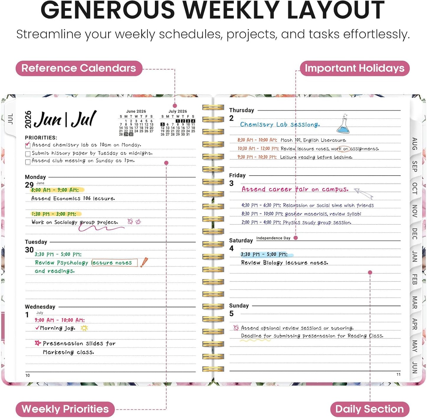 Planner 2026-2027, Academic Year Monthly and Weekly Calendar Planner, Jul 2026 - Jun 2027, Hardcover Teacher Student Planning Agenda book with Tabs, Perfect for School Office Supplies, 6.3" x 8.5" - Wildflowers