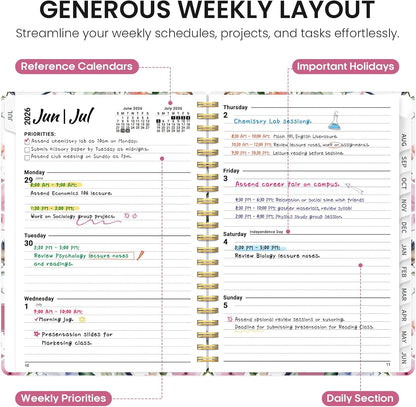 Planner 2026-2027, Academic Year Monthly and Weekly Calendar Planner, Jul 2026 - Jun 2027, Hardcover Teacher Student Planning Agenda book with Tabs, Perfect for School Office Supplies, 6.3" x 8.5" - Wildflowers