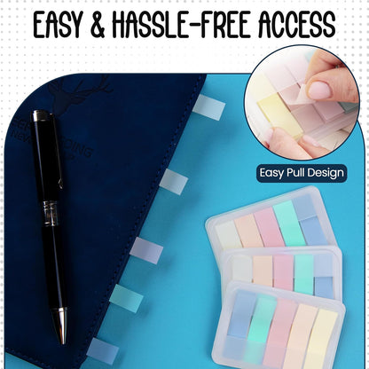 Essex Wares - 300 Pieces - Transparent Sticky Notes Tabs with Case - 5 Light Pastel Colors - 3 Cases - 1.8" x 0.4" - 60 Pieces - Pop Up Index Tabs - Book Flags for Annotating - Book Sticky Tabs