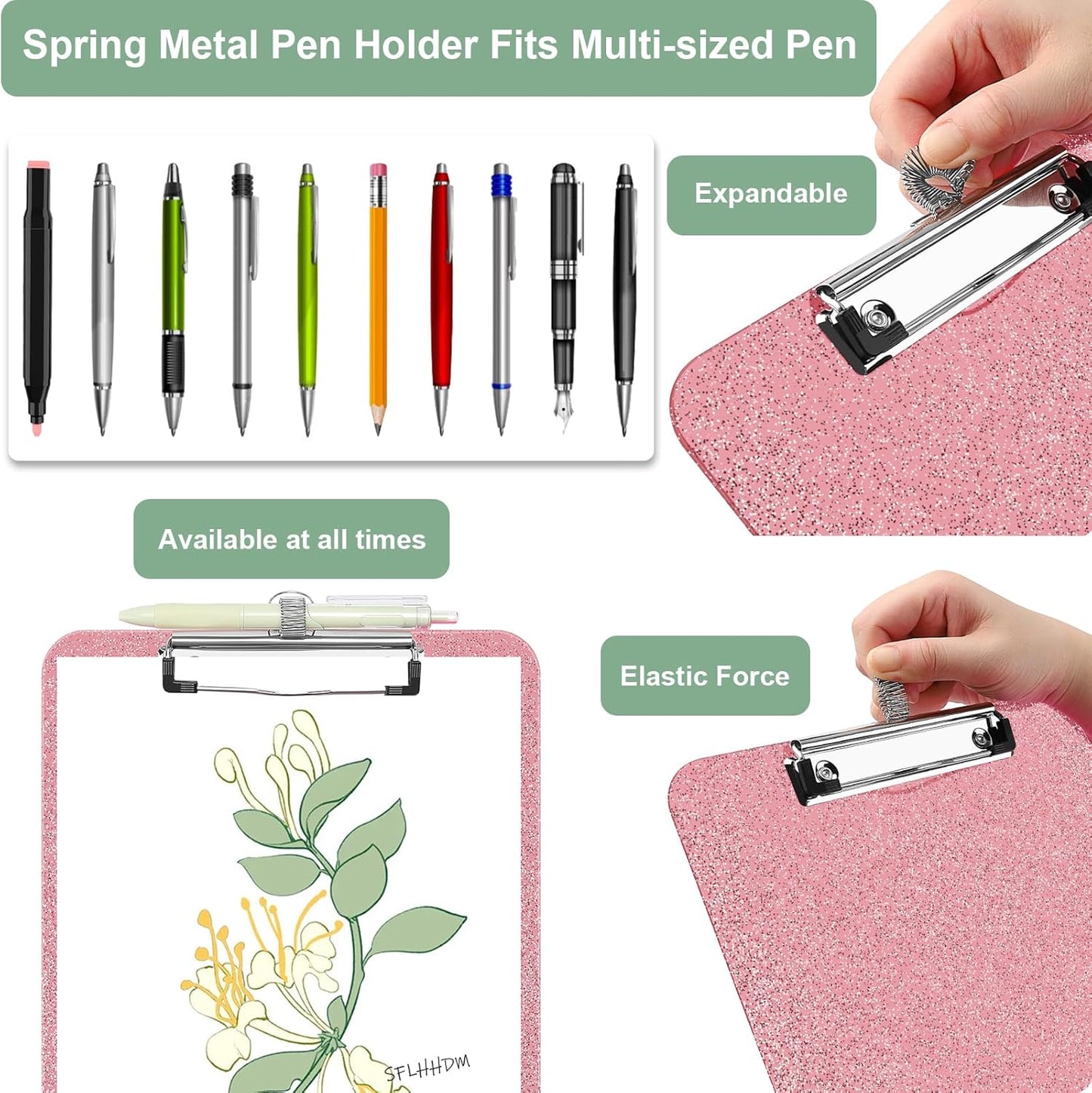 SFLHHDM 1 Pcs Clear Glitter Clipboards, Plastic Clipboard with Pen Holder, Size 8.85 x 12.4 in Shiny Clipboards with Low Profile Clip, Cute Hanging Clipboard for Office School Sparkly Clip Board-Pink