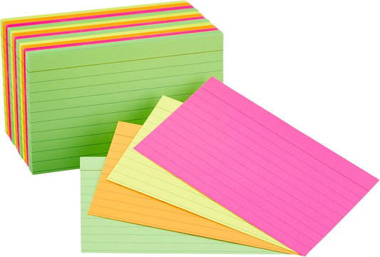 Amazon Basics Ruled Index Flash Cards for Studying and Note Taking, Color Coding, Assorted Neon Colors, 3" x 5", 300-Count