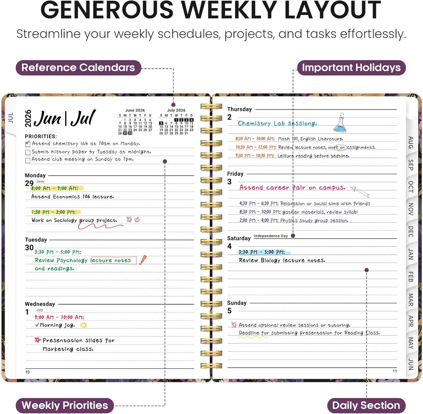 Planner 2026-2027, Academic Year Monthly and Weekly Calendar Planner, Jul 2026 - Jun 2027, Hardcover Teacher Student Planning Agenda book with Tabs, Perfect for School Office Supplies, 6.3" x 8.5" - Wildflowers