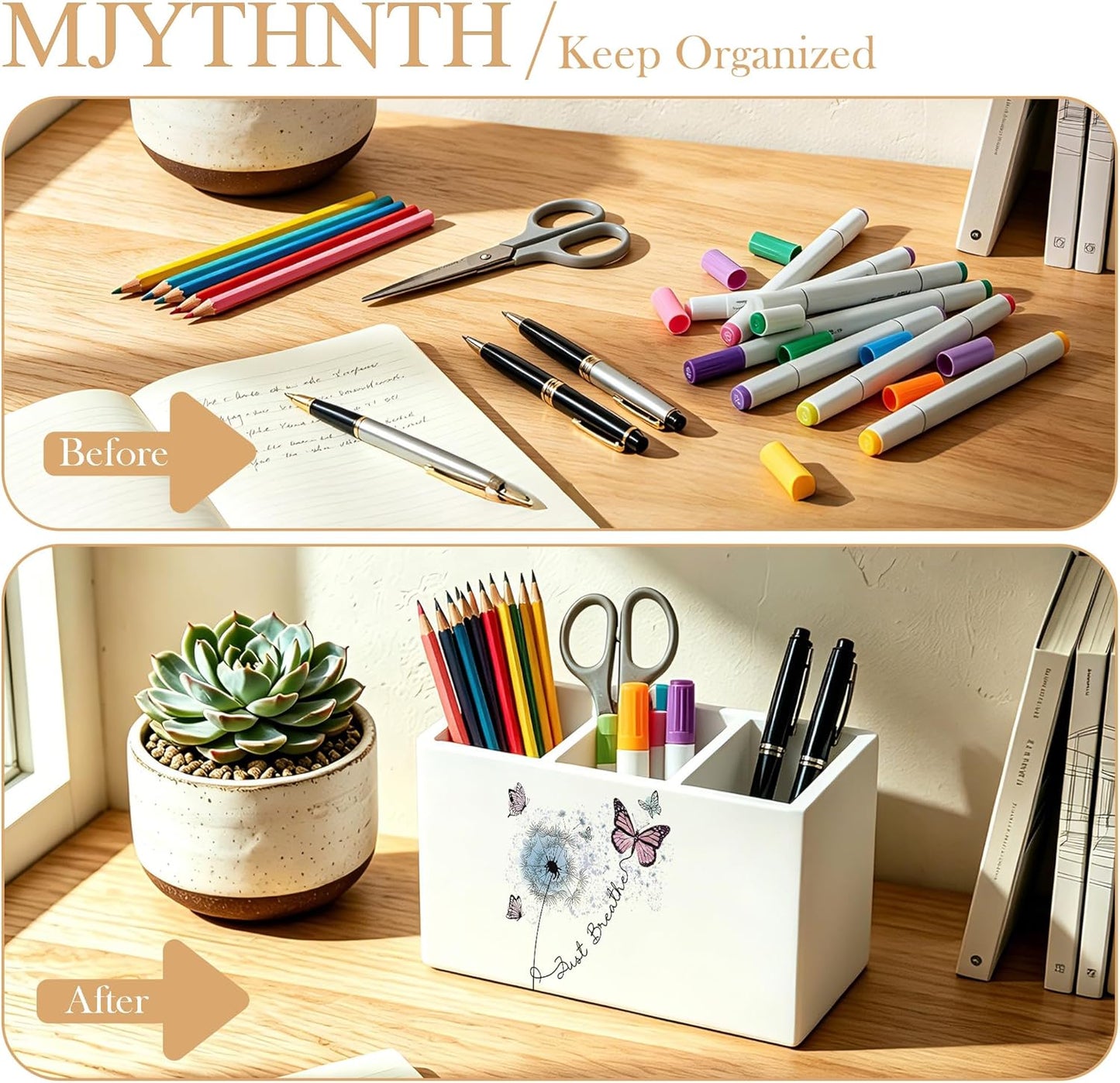 Don't Overthink It Inspirational Pencil Pen Holder for Desk, Pink Positive Affirmations Wooden Box Sign Pen Holder Organizer for Home Office School Desk Accessories