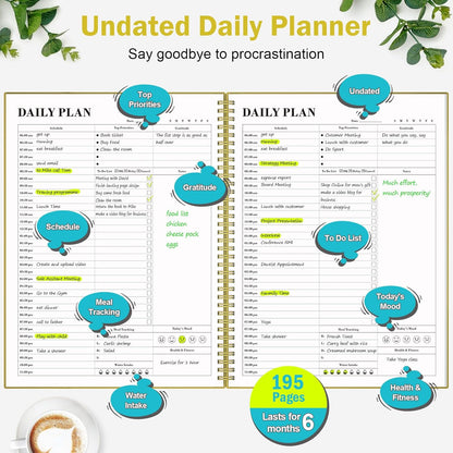 Daily Planner Undated, Asten To Do List Notebook Hourly Schedules Spiral Appointment Planner for Men and Women,PVC Hardcover,Elastic Closure, Inner Pocket 8.3" x 5.8" (Black)