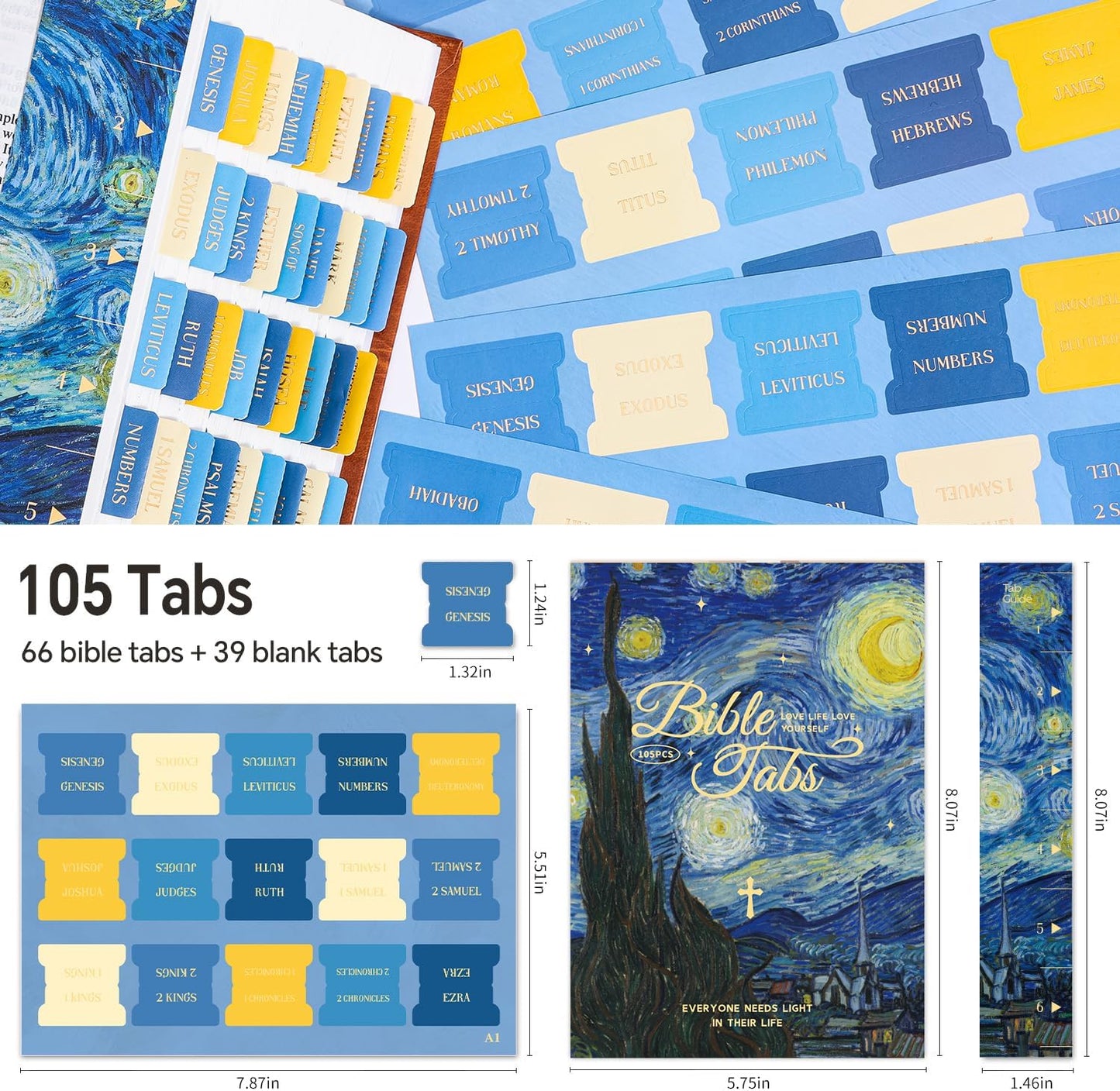 Laminated Bible Tabs, Gold Foil Embossed Lettering Bible Chapter Index Tabs for Women Men, Reposition Large Print Sticky Labels, Easy to Read and Apply, 105Chapters Labels for Easy Navigation (Black)