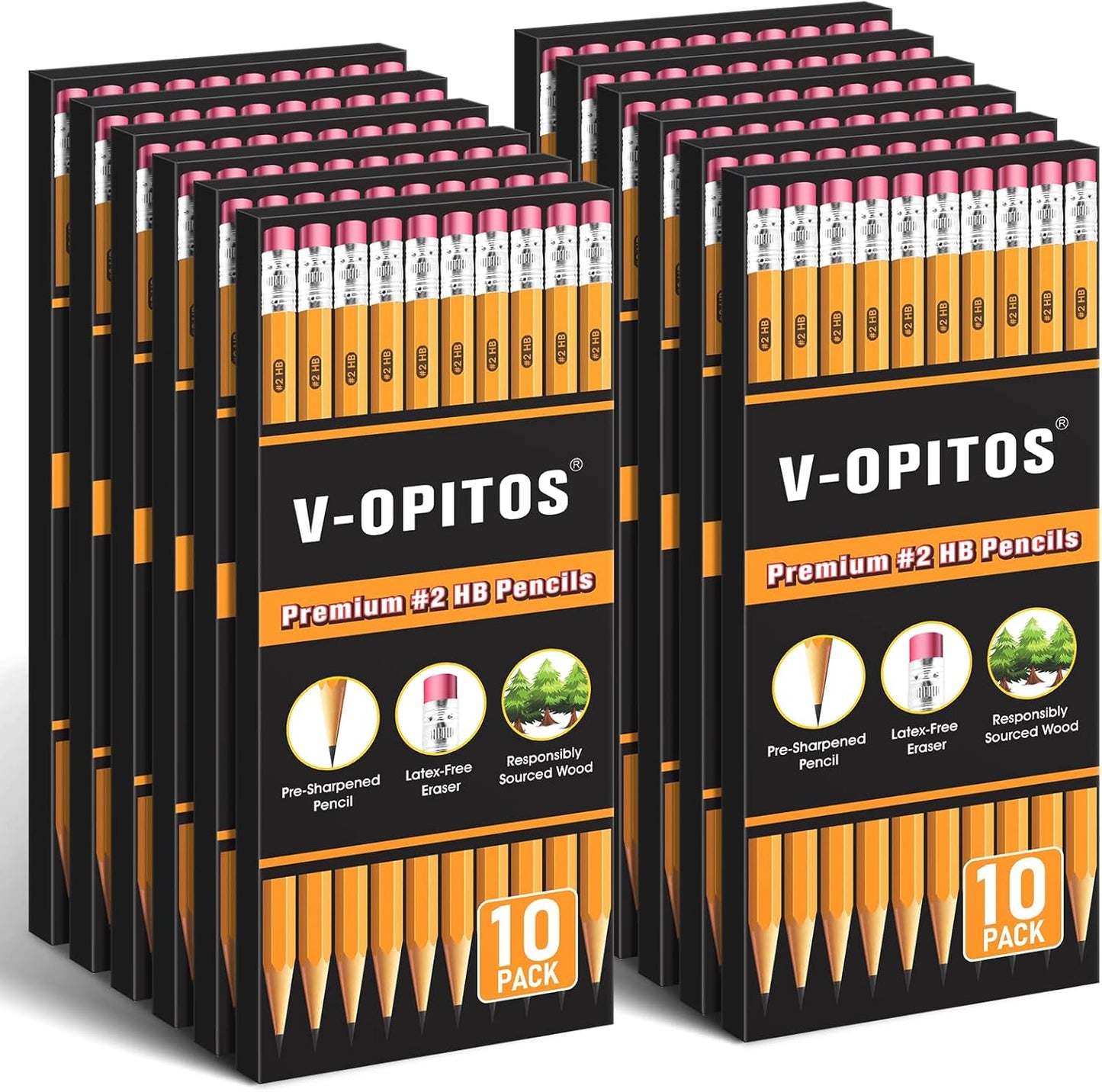 V-Opitos Wood-Cased #2 HB Pencils, 4 Boxes Bulk Pre-Sharpened Pencils with Top Erasers for School Teacher Supplies, Writing, Drawing and Sketching