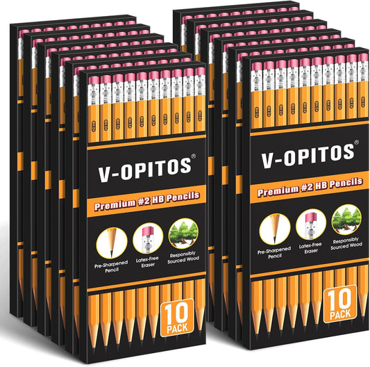 V-Opitos Wood-Cased #2 HB Pencils, 4 Boxes Bulk Pre-Sharpened Pencils with Top Erasers for School Teacher Supplies, Writing, Drawing and Sketching