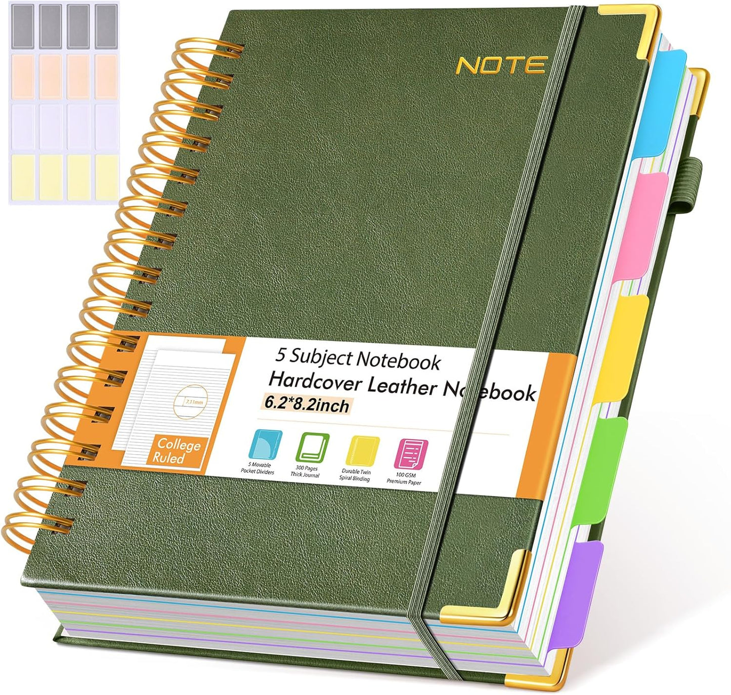 Hardcover Large Spiral Notebook 8.5" x 11" with Removable Dividers Tabs, 300 pages Leather 5 Subject Notebook College Ruled, A4 Journal for Women Men, Notebooks for Work School Note taking,Black