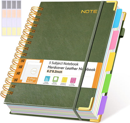 Hardcover Large Spiral Notebook 8.5" x 11" with Removable Dividers Tabs, 300 pages Leather 5 Subject Notebook College Ruled, A4 Journal for Women Men, Notebooks for Work School Note taking,Black