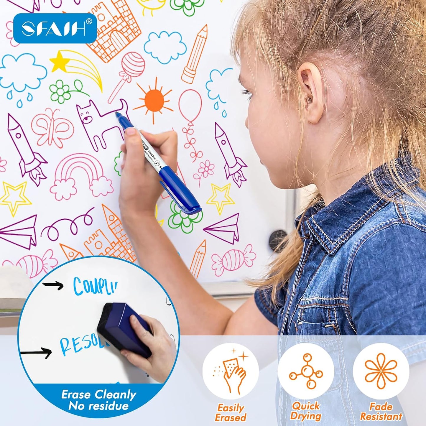 SFAIH Black Dry Erase Markers Fine Tip - 12 Pack Whiteboard Markers Standard Set For Office Teams, Teachers, Classrooms, Training Sessions | Low-Odor