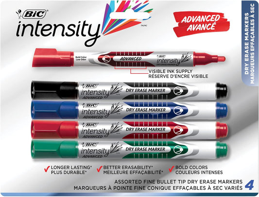 BIC Intensity Advanced Colorful Dry Erase Markers, Bullet Tip, 12-Count Pack of Assorted Colors, Whiteboard Markers for Teachers and Office Supplies