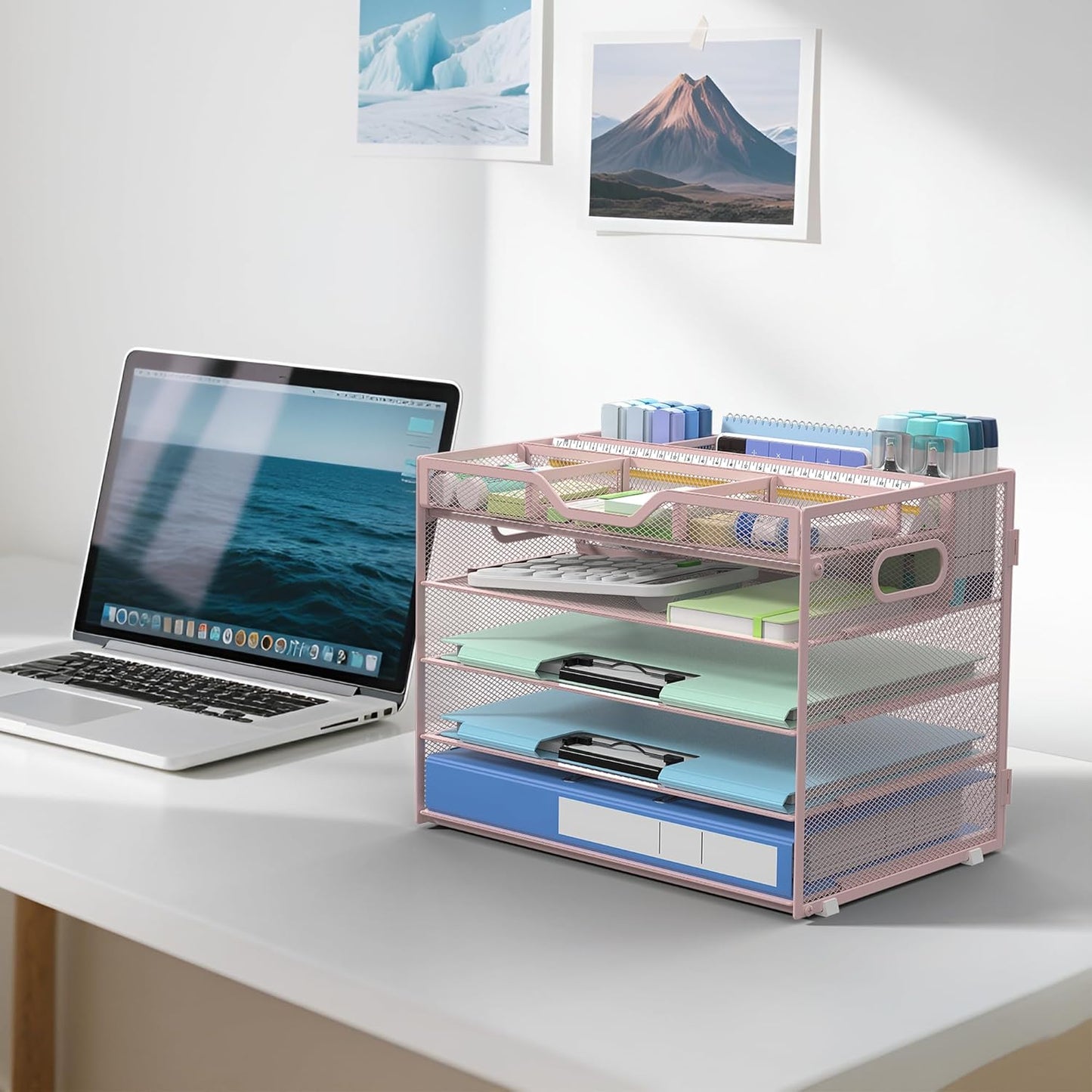 Docnest 5 Tier Letter Tray with Hanging File Organizer-Mesh Desk Organizer-Desktop Storage Box Built in Pen Holder and Handles, File Folder Holder for Mail Documents Office Supplies-Black