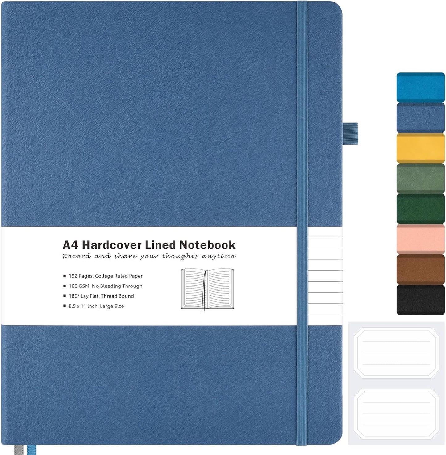 College Ruled Notebook, A4 Hardcover Leather Notebook for Work, Lined Notebook Journal for Women, Men, 192 Thick Paper, Lay Flat, Large Notebook with 2 Pockets, Professional Business Notebook, Black