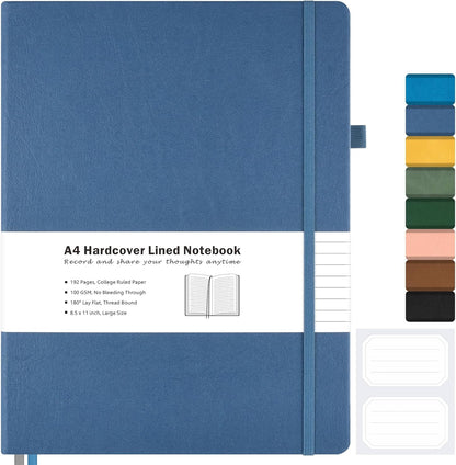 College Ruled Notebook, A4 Hardcover Leather Notebook for Work, Lined Notebook Journal for Women, Men, 192 Thick Paper, Lay Flat, Large Notebook with 2 Pockets, Professional Business Notebook, Black