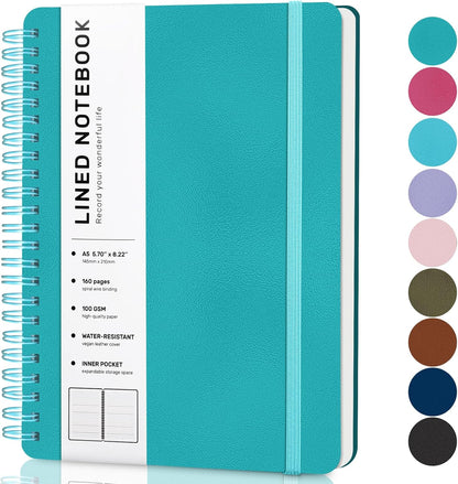 Lined Spiral Journal Notebook, A5 Hardcover Leather Notebook for Work, 5.7''×8.2'', 100GSM Thick Paper Spiral Bound Journaling Notebooks for Women & Men Office School Note Taking Business, Black