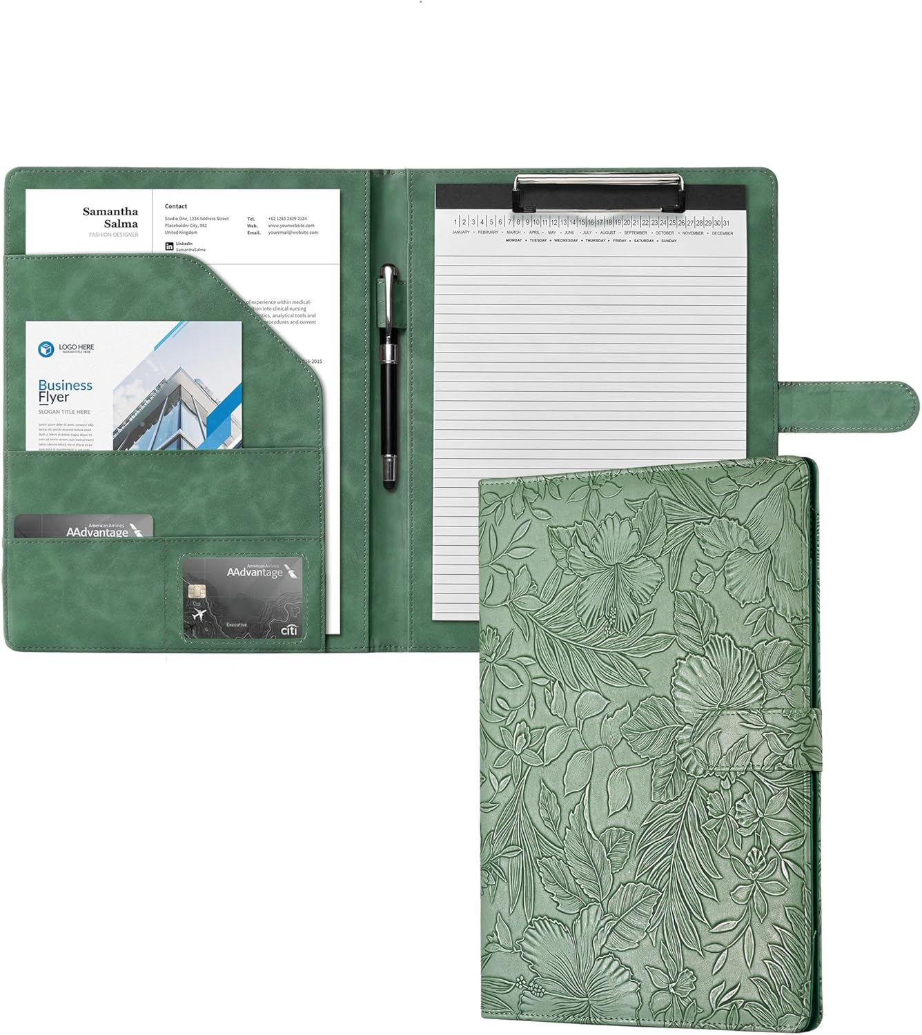 Clipboard Folder Padfolio A4, Mymazn Writing Portfolios Faux Leather Clipboards with Cover for Legal Pad Holder Letter Size 8.5 x 11 for Business Conference Notepad Clip Board (Gray Green)