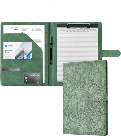 Clipboard Folder Padfolio A4, Mymazn Writing Portfolios Faux Leather Clipboards with Cover for Legal Pad Holder Letter Size 8.5 x 11 for Business Conference Notepad Clip Board (Gray Green)
