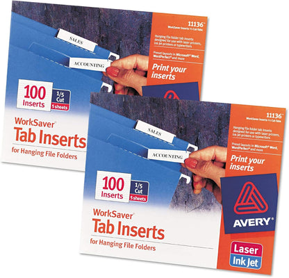 Avery : Laser/Inkjet Inserts for Hanging File Folders, 1/5 Tab, 2in, White, 100/Pack -:- Sold as 2 Packs of - 100 - / - Total of 200 Each